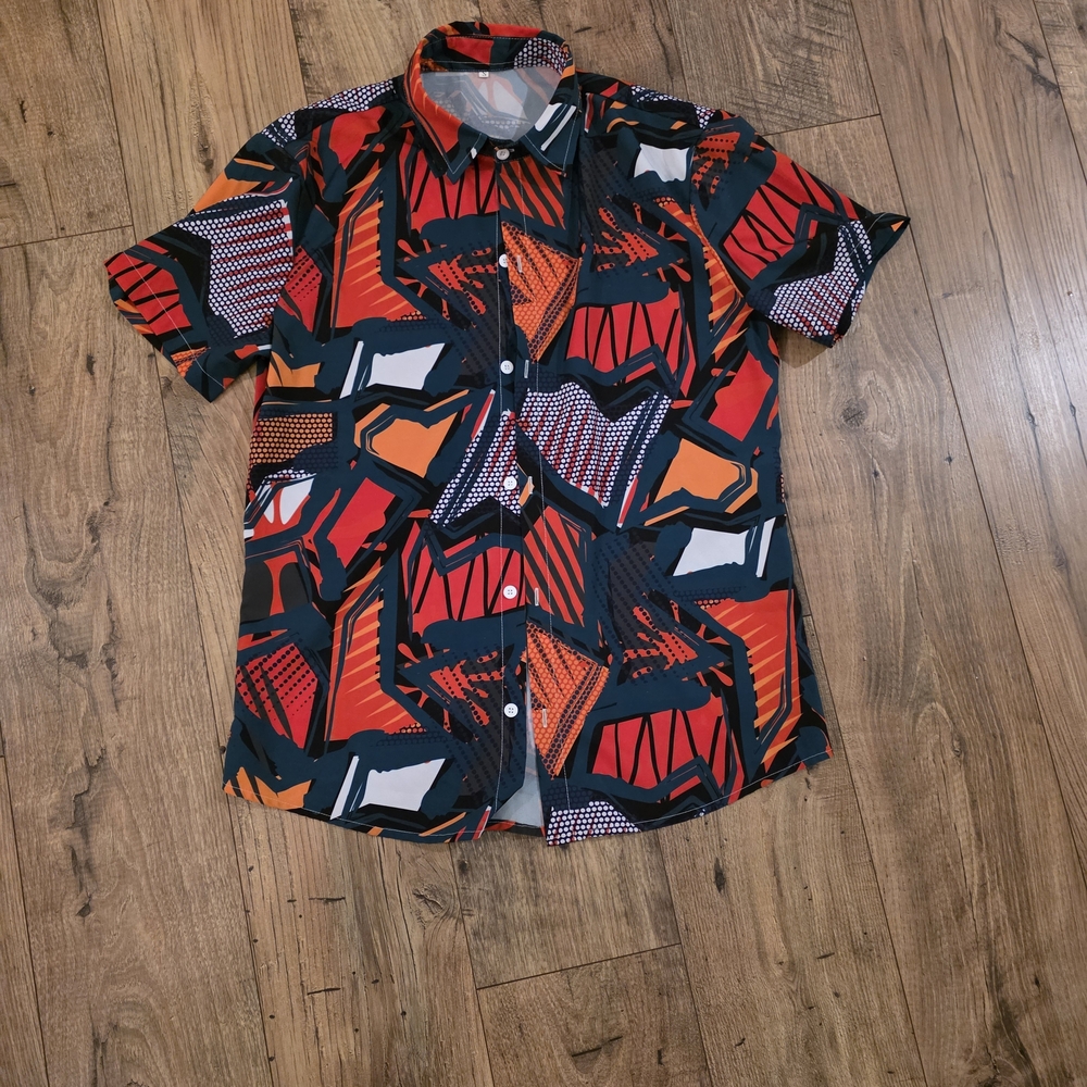 Geometric Patterned Men's Shirt - Red, Black, and Orange